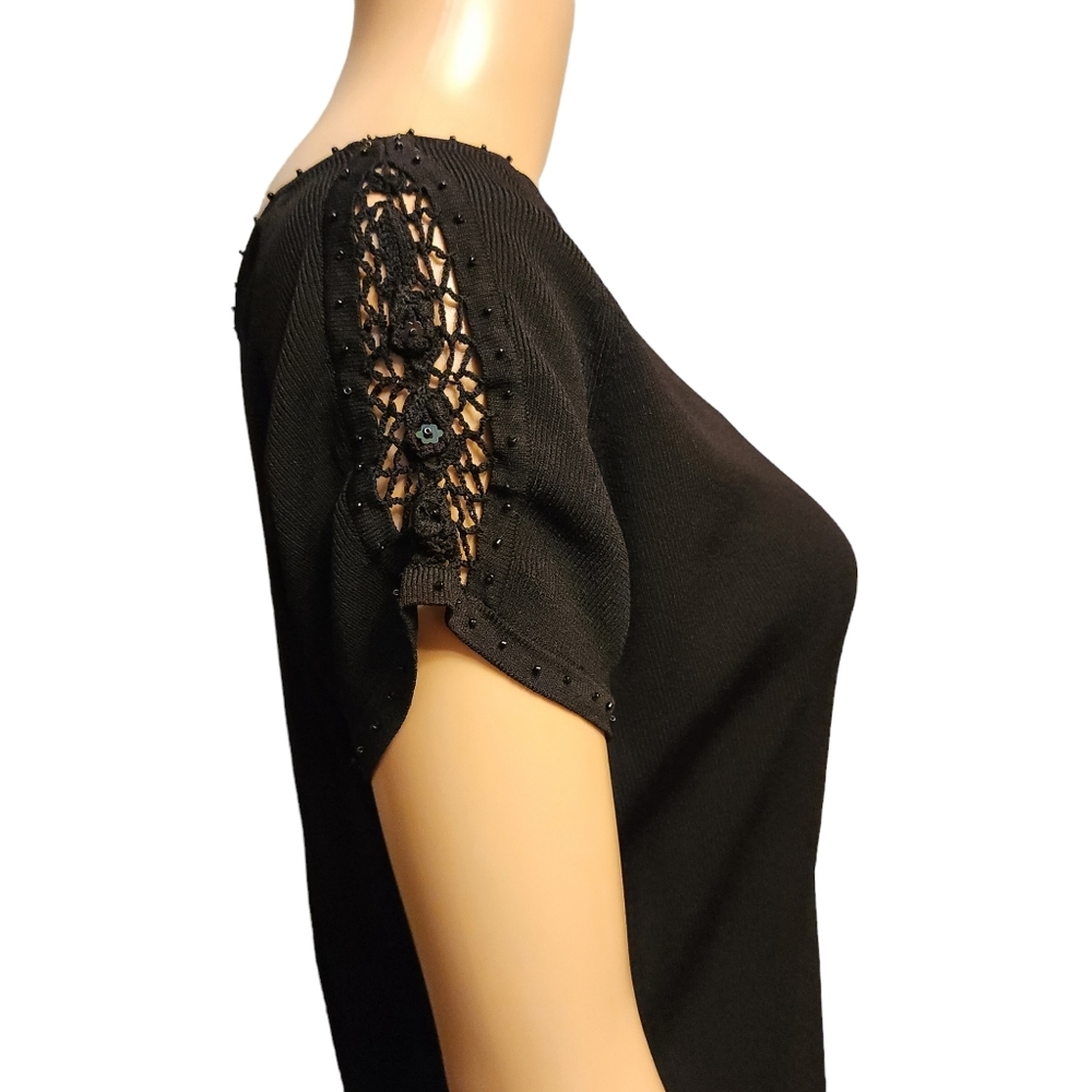 Hadi Collection Black Short Sleeve Sweater With Crochet Sleeve
